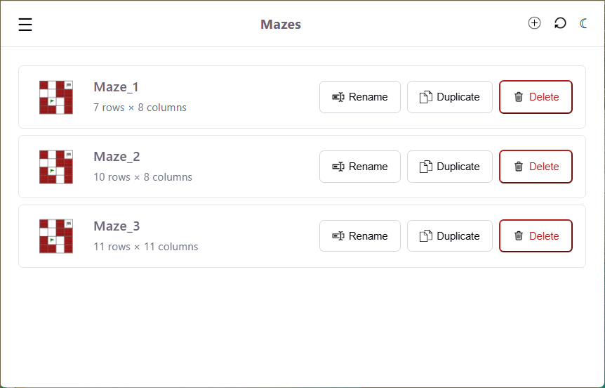 Maze React.js app — maze list